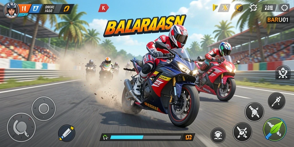 Tampilan gameplay BARU01 dengan aksi balapan motor yang mengesankan.