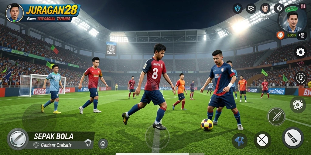 Tampilan permainan JURAGAN28 dengan aksi sepak bola yang seru.
