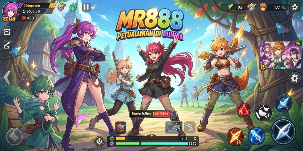 Tangkapan layar utama MR888 menampilkan karakter anime yang beraksi dalam pertarungan seru.