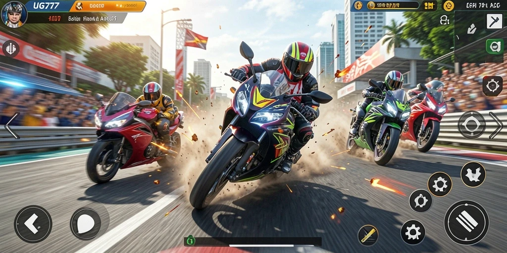 Tampilan screenshot utama UG777 menampilkan aksi balapan motor yang intens.